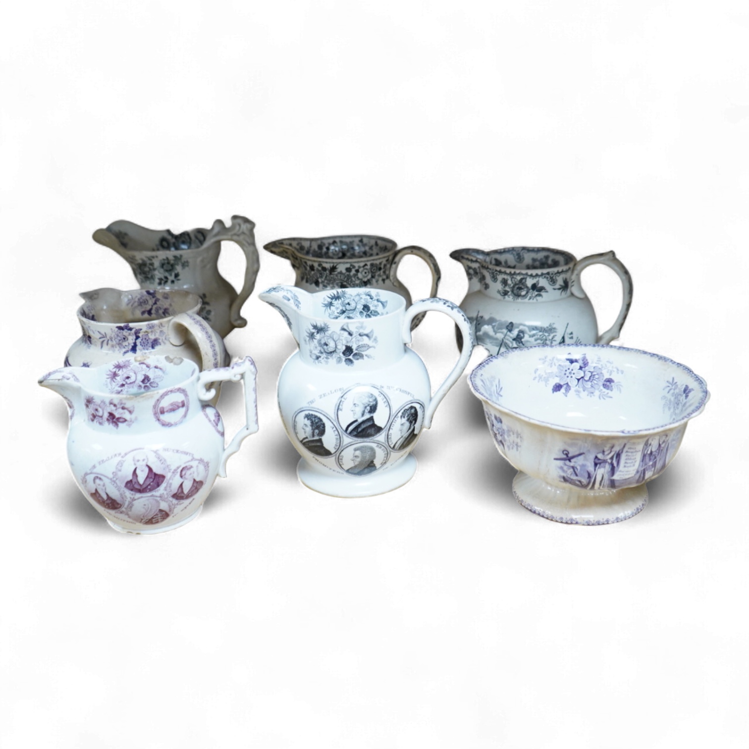 Six contemporary political themed earthenware pottery jugs and a pedestal bowl commemorating the 1832 Reform Bill, with transfer printed symbolic scenes of the Houses of Parliament, details regarding the voting, portrait